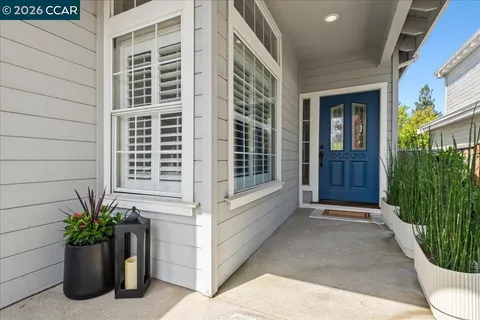 a view of front door of house and potted plants