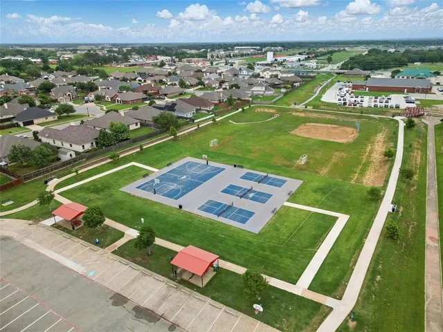 an aerial view of a pool