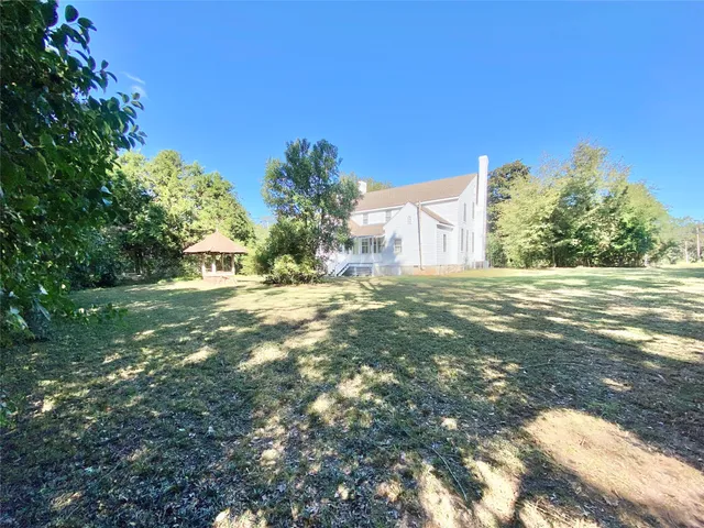 a view of a big yard with plants and large trees