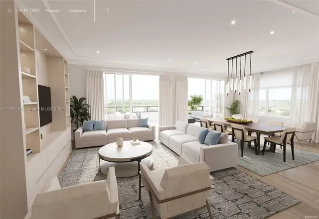 a living room with furniture a table and a large window