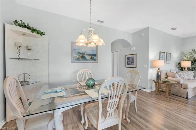 a view of a dining room with furniture