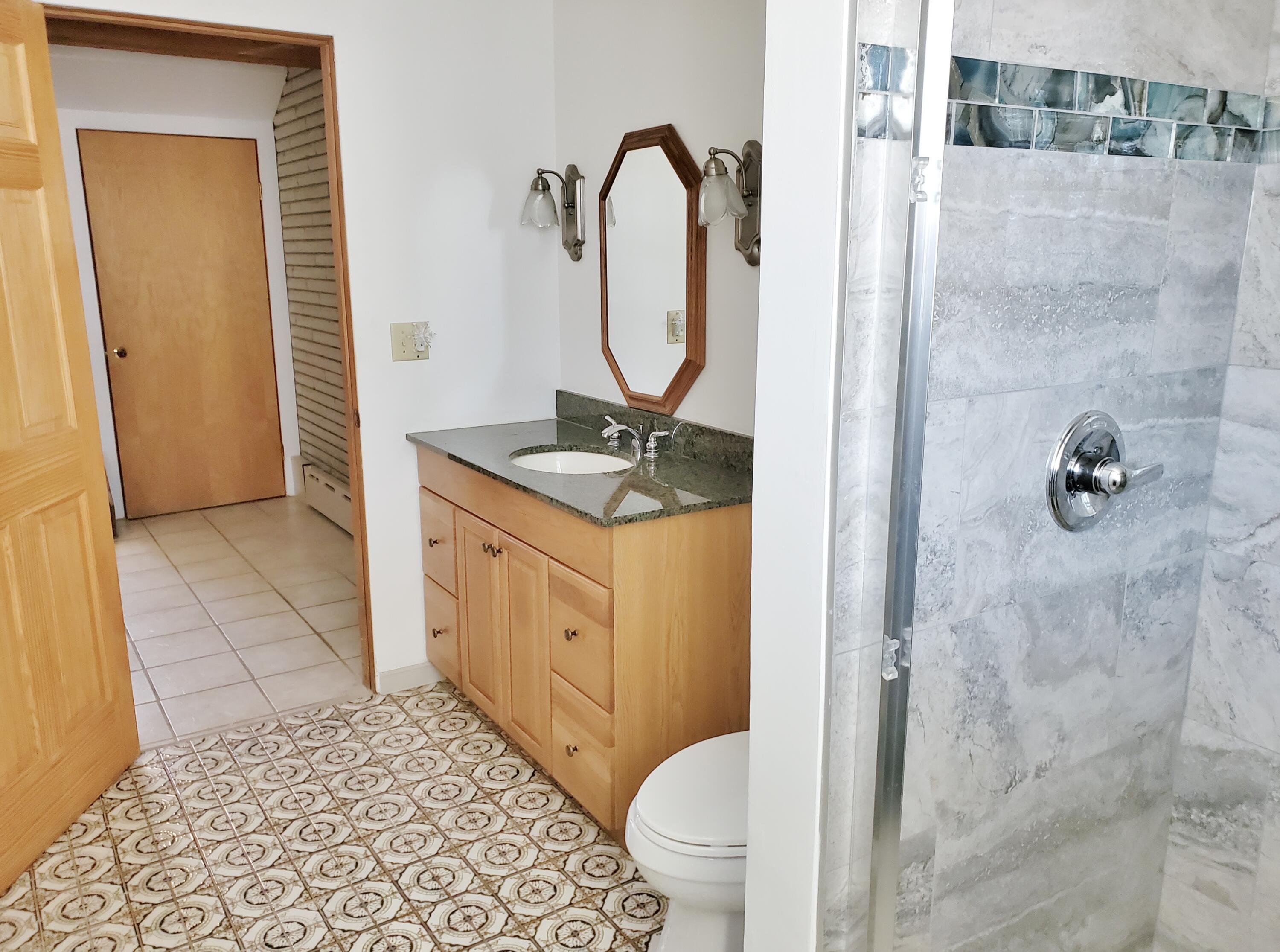 1441 North Wozniak Road La Porte, IN 46350 - Photo 41 of 46 a bathroom with a granite countertop sink a toilet and a shower
