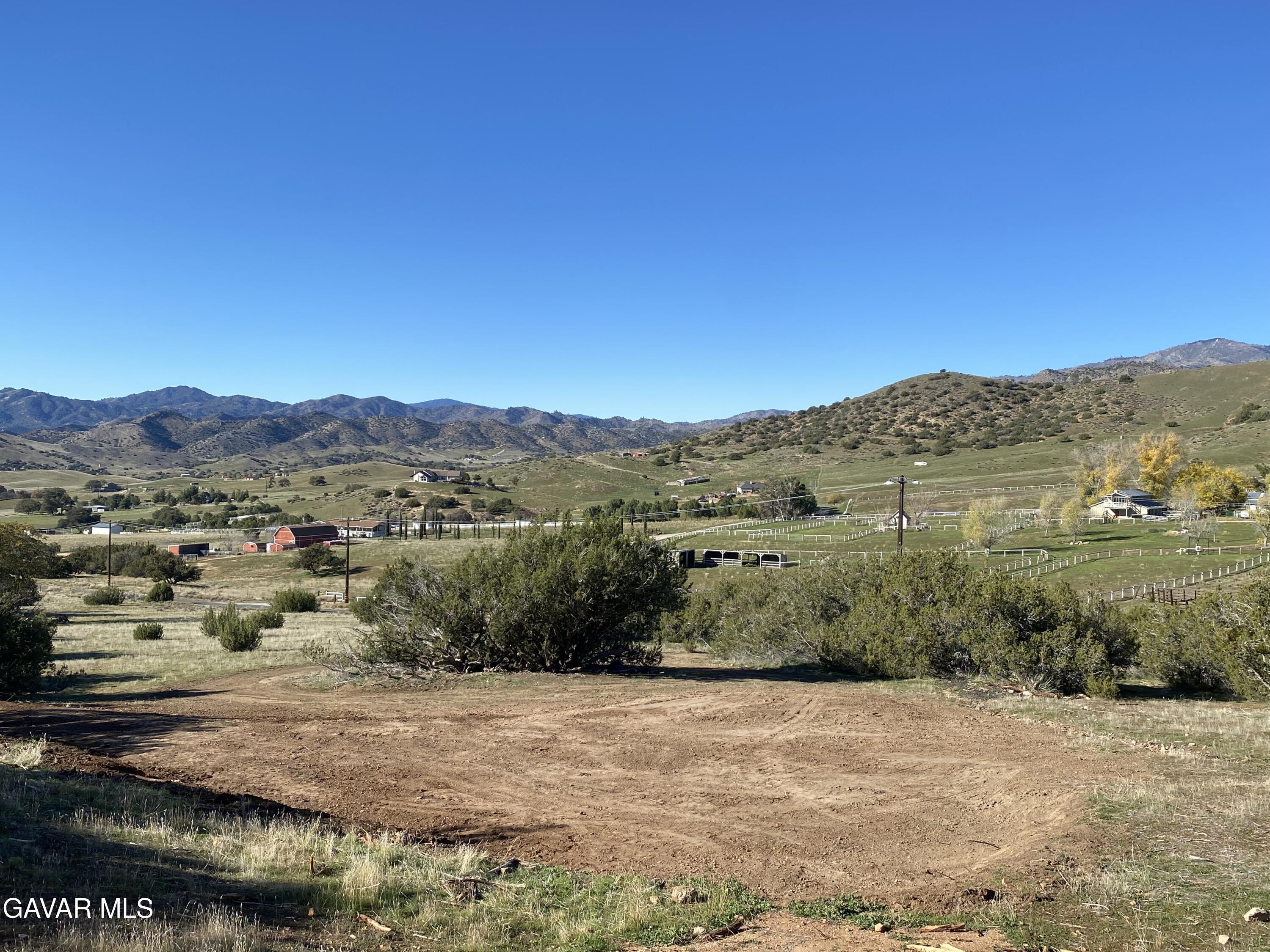 a view of a dry field with mountains in the background