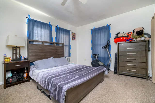 a bedroom with a bed and cabinets