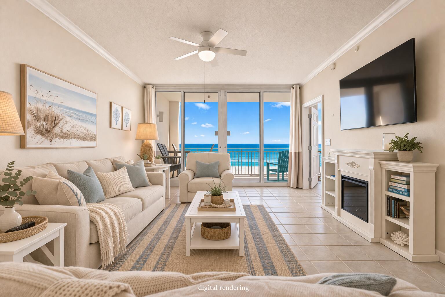 8499 Gulf Boulevard, Unit 303 Navarre, FL 32566 - Photo 1 of 52 a living room with furniture fireplace and flat screen tv