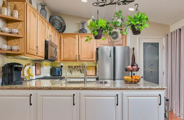 a kitchen with stainless steel appliances granite countertop a sink a potted plant and a window