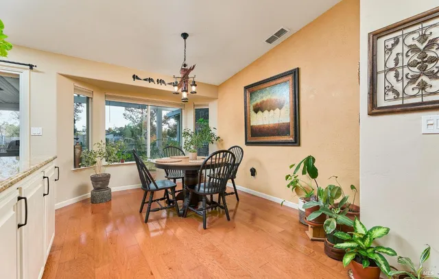 a dining room with furniture potted plants and wooden floor