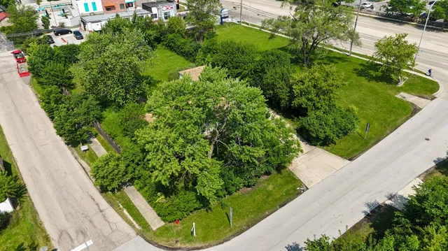 a view of a garden with a fountain