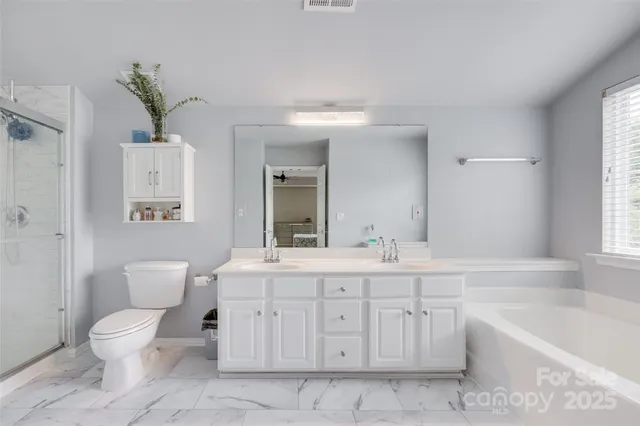 a bathroom with a bathtub sink mirror vanity and toilet
