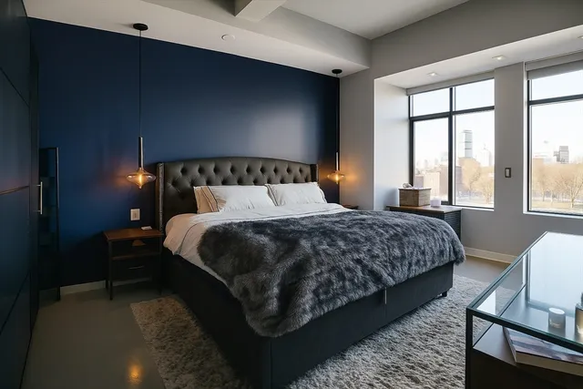 a bedroom with a bed lamp and window