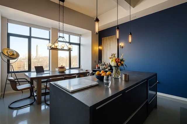 a kitchen with sink table and chairs