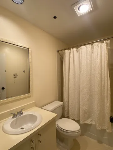 a bathroom with a sink a toilet and shower curtain