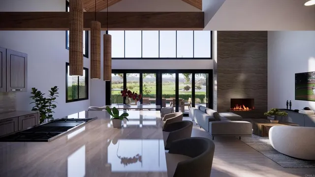 a living room with furniture large windows and wooden floor