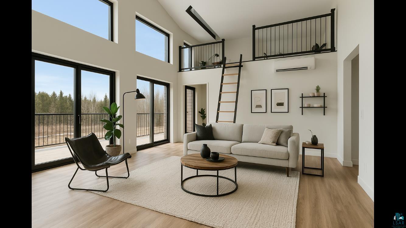 3089 Lavis Road Duluth, MN 55804 - Photo 2 of 30 Living room with light wood finished floors, a high ceiling, a wall mounted air conditioner, and baseboards