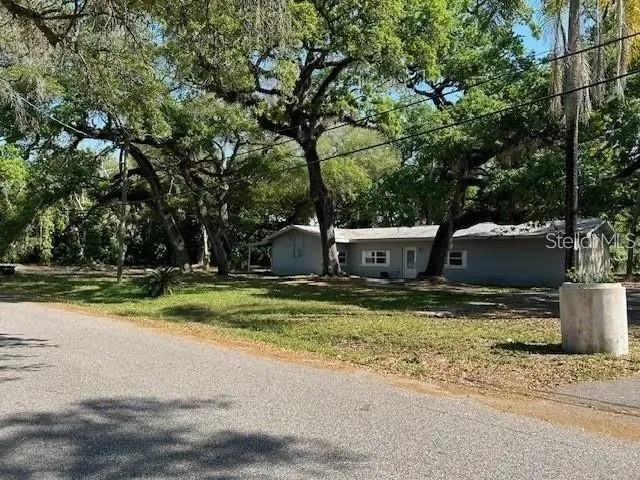 a backyard of a house with a yard and large tree