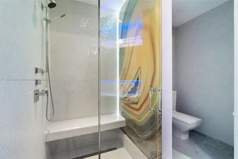 a bathroom with a shower and toilet