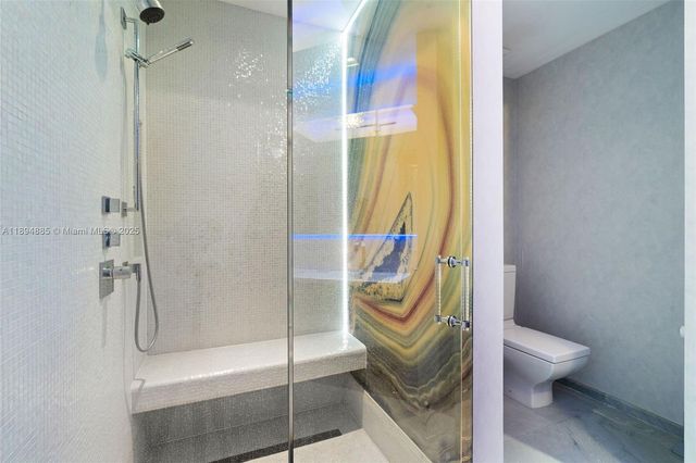 a bathroom with a shower and toilet