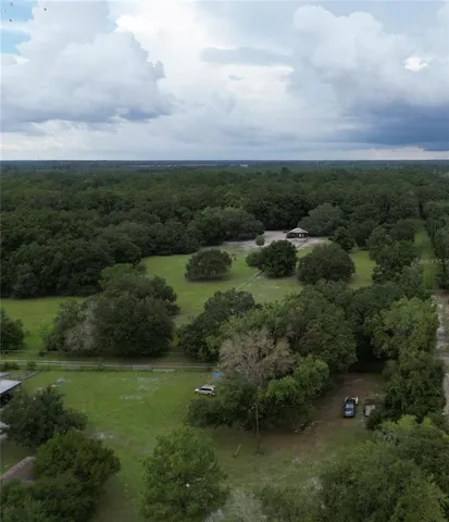 an aerial view of residential houses with outdoor space and trees