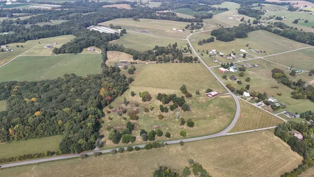 an aerial view of a residential houses with yard