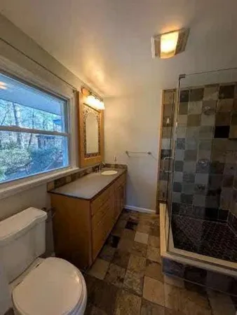 a bathroom with a sink a toilet a mirror and shower