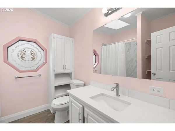 a bathroom with a sink a toilet and a mirror