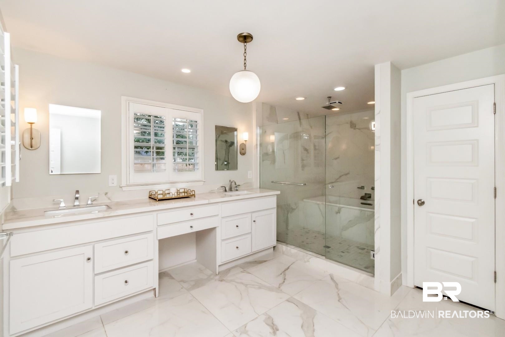 154 Fenwick Road Mobile, AL 36608 - Photo 25 of 48 Full bath featuring a marble finish shower, double vanity, recessed lighting, and light marble finish flooring