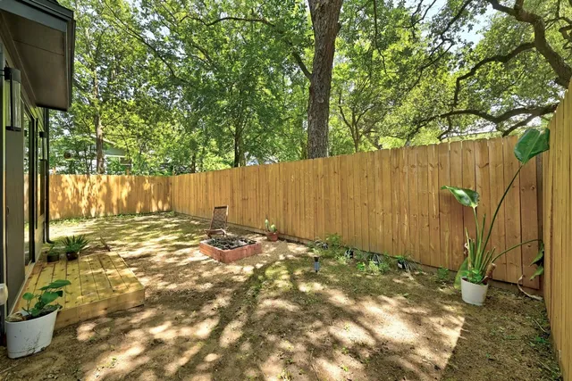 a view of a backyard with a tree