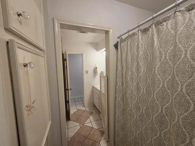 a bathroom with a shower and a sink