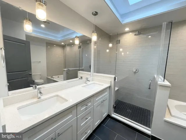 a bathroom with a double vanity sink a mirror and a shower