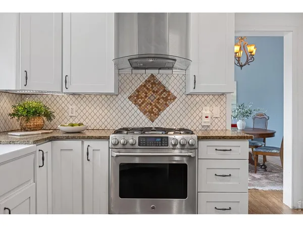 a kitchen with stainless steel appliances granite countertop a stove a microwave and a counter