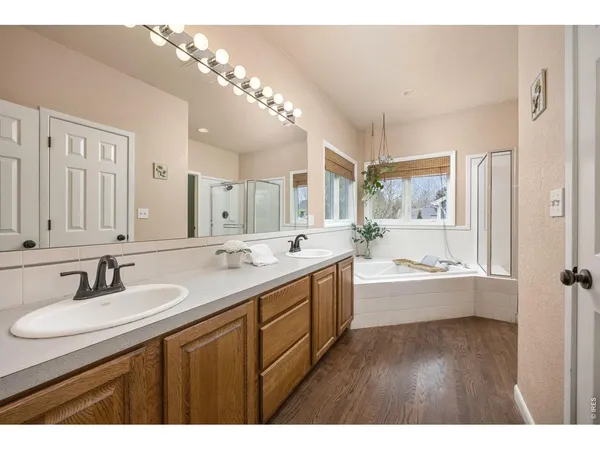 a bathroom with a tub double vanity sink and mirror