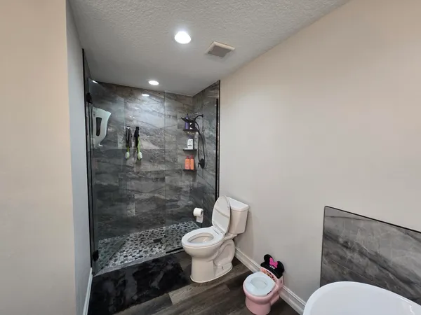 a bathroom with a toilet and a shower