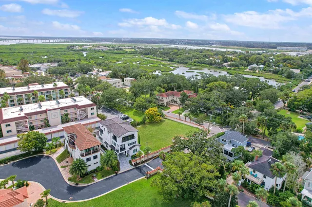 an aerial view of residential houses with outdoor space and street view