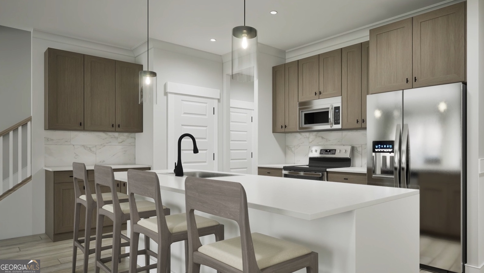 2272 Santa Fe Street, Unit 21 Morrow, GA 30260 - Photo 5 of 21 a kitchen with stainless steel appliances a table chairs refrigerator and microwave