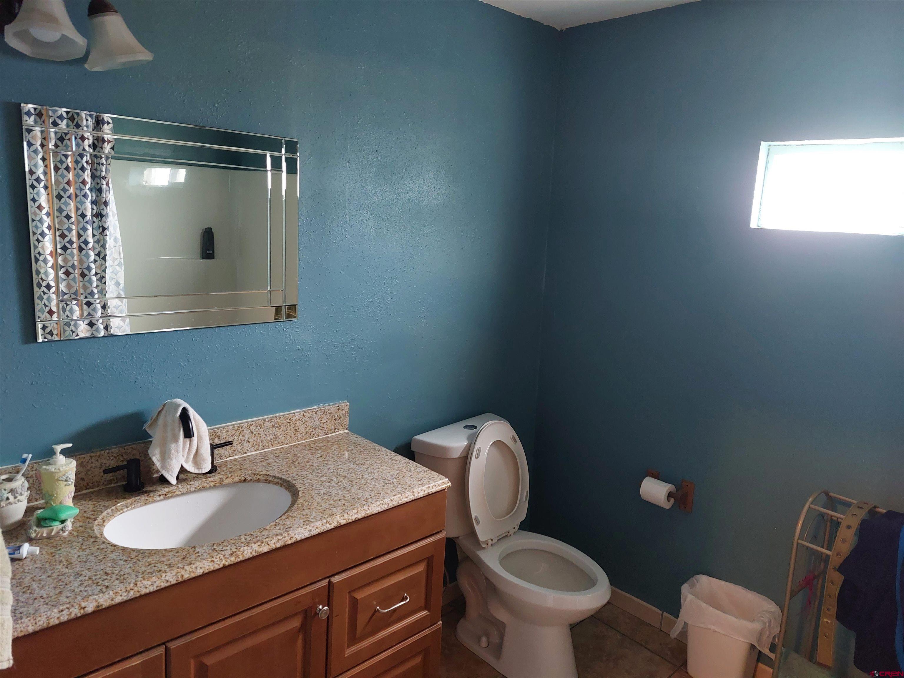 14663 Road N 3 Cahone Co 81320 Cahone, CO 81320 - Photo 13 of 20 a bathroom with a granite countertop toilet a sink and mirror