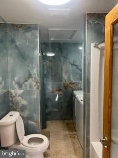 a bathroom with a toilet and a shower