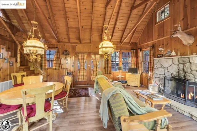 a living room with furniture a chandelier and a fireplace