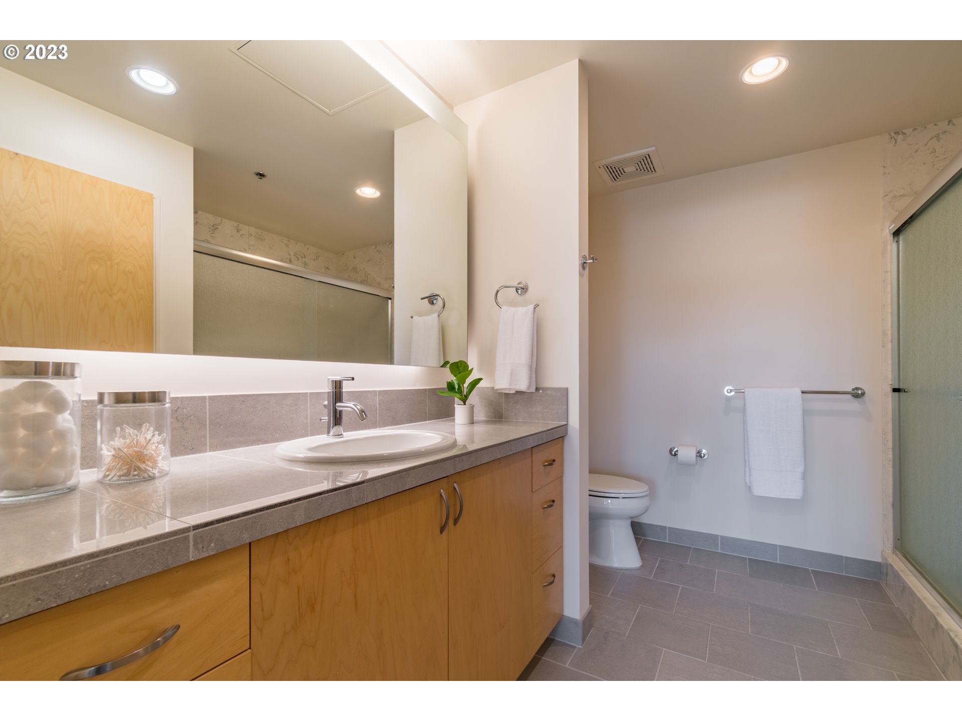 1375 Olive Street, Unit 308 Eugene, OR 97401 - Photo 21 of 35 a bathroom with a sink a toilet and a large mirror