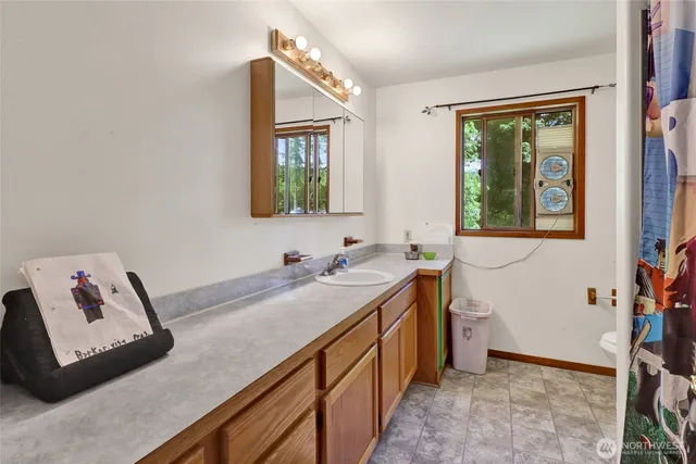 a bathroom with a sink a vanity and a window