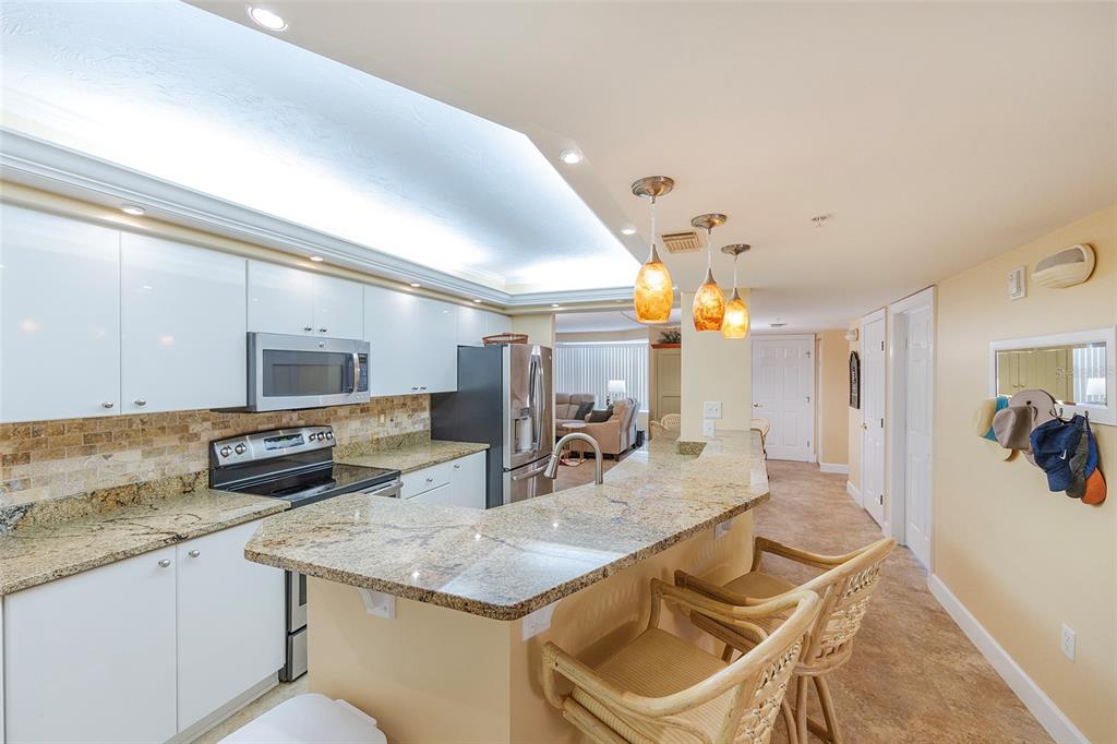 4631 South Atlantic Avenue, Unit 8601 Ponce Inlet, FL 32127 - Photo 47 of 64 a kitchen with granite countertop kitchen island stainless steel appliances a sink and counter space