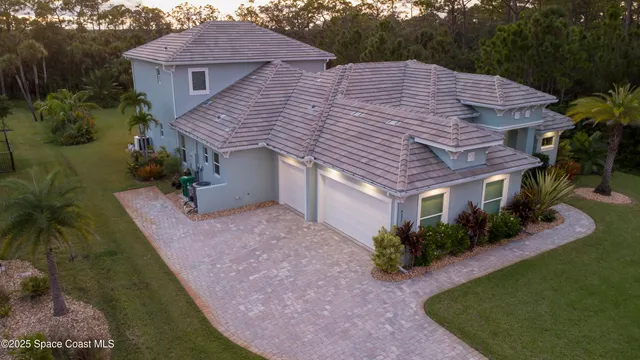 a aerial view of a house with a yard and potted plants