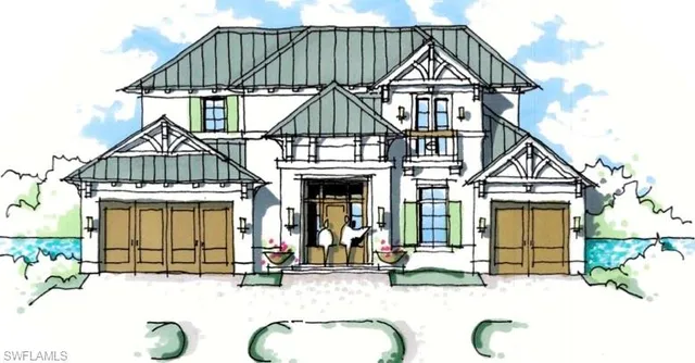 a view of a brick house with large windows and a small yard