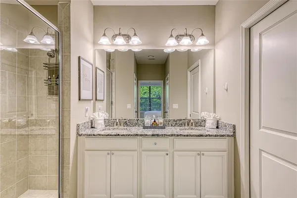 a bathroom with a granite countertop sink a large mirror and a shower