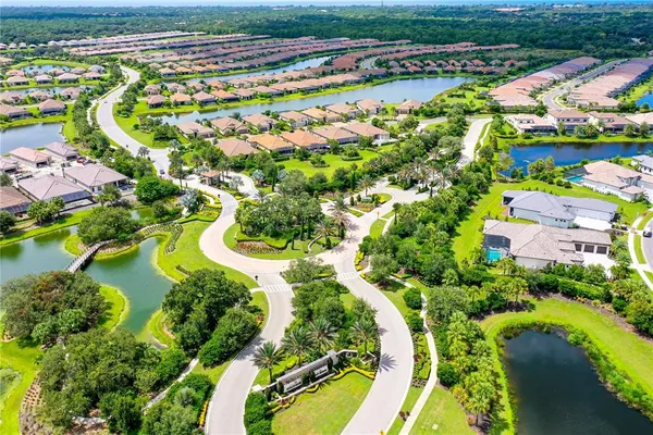 an aerial view of residential houses with outdoor space and swimming pool