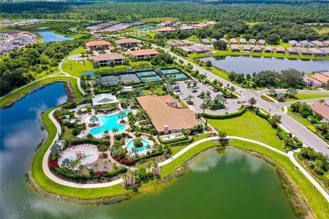 a view of a swimming pool with a yard