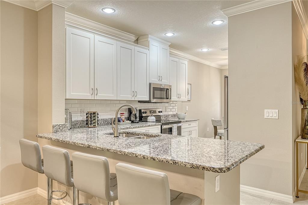 5420 Cicerone Street, Unit 101 Sarasota, FL 34238 - Photo 9 of 40 a kitchen with granite countertop stainless steel appliances sink stove and cabinets