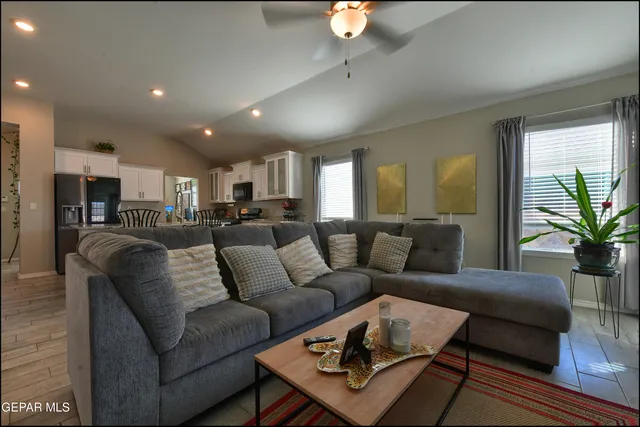 a living room with furniture kitchen view and a potted plant