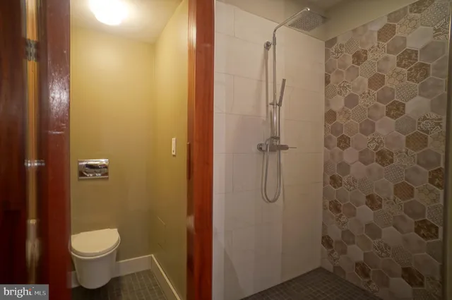 a bathroom with a shower and a toilet