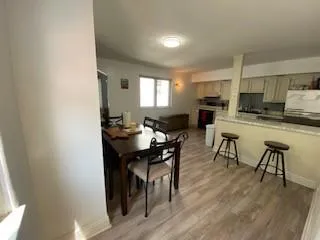 a view of a dining room with furniture a rug and wooden floor