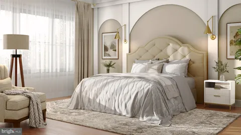 a bedroom with a bed and a mirror